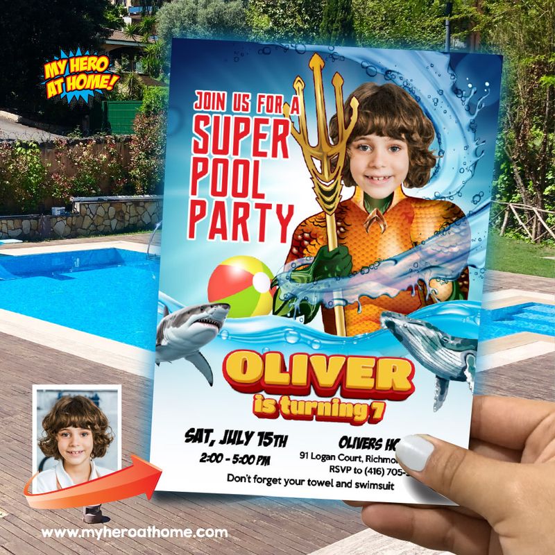 Aquaman Pool Party template invitation, Pool party themed Aquaman, Aquaman Splash Party online, Aquaman Pool Party invite with photo. 890
