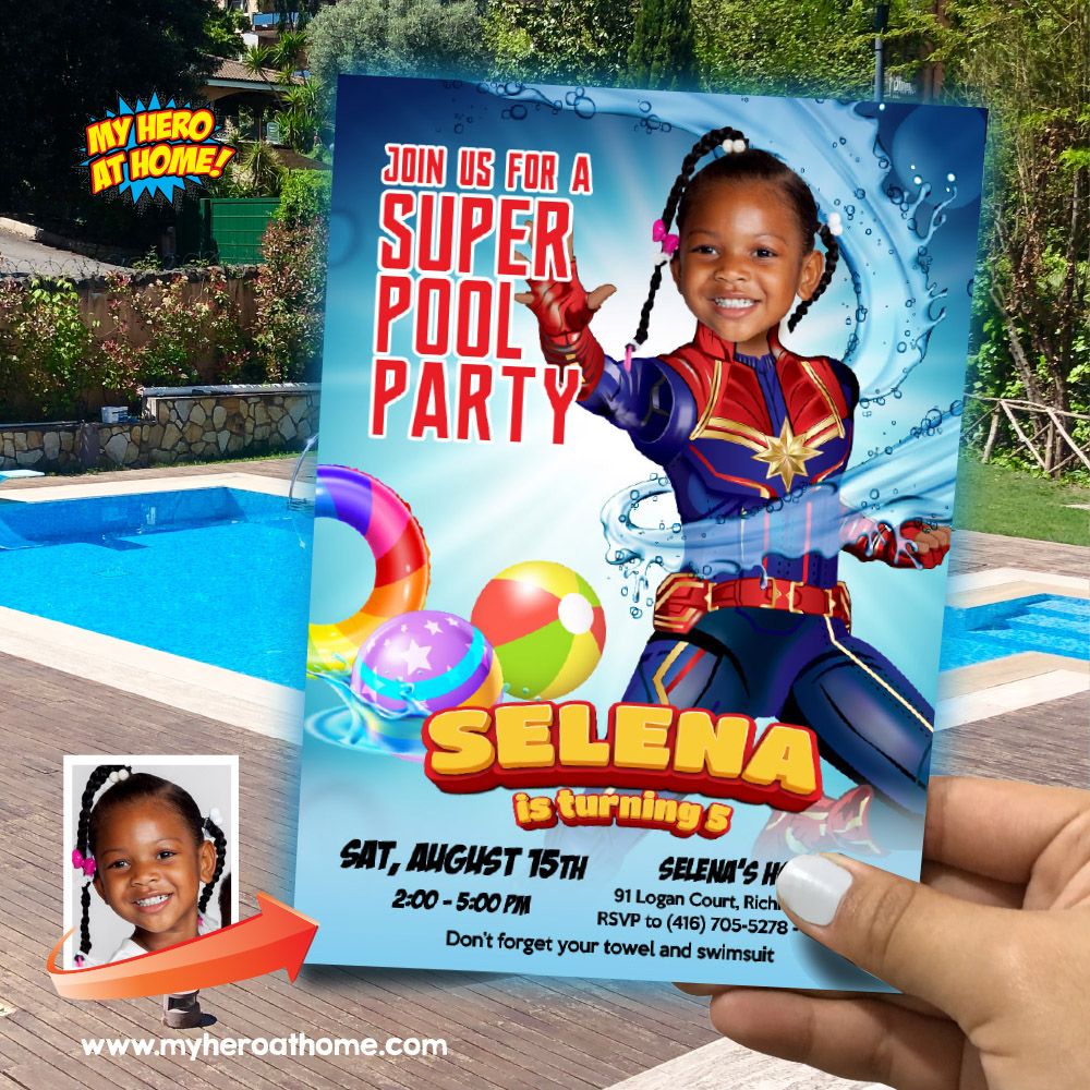 Capt Marvel Pool Party Invitation, Capt Marvel invitation with photo, Pool Party Capt Marvel online, Capt Marvel splash invitation. 892