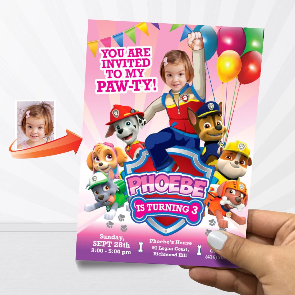 Girl Paw Patrol Invitation with photo, Girl Paw Patrol Party, Pink Paw Patrol Birthday, Girl Paw Patrol online, Girl Paw Patrol flyer. 893