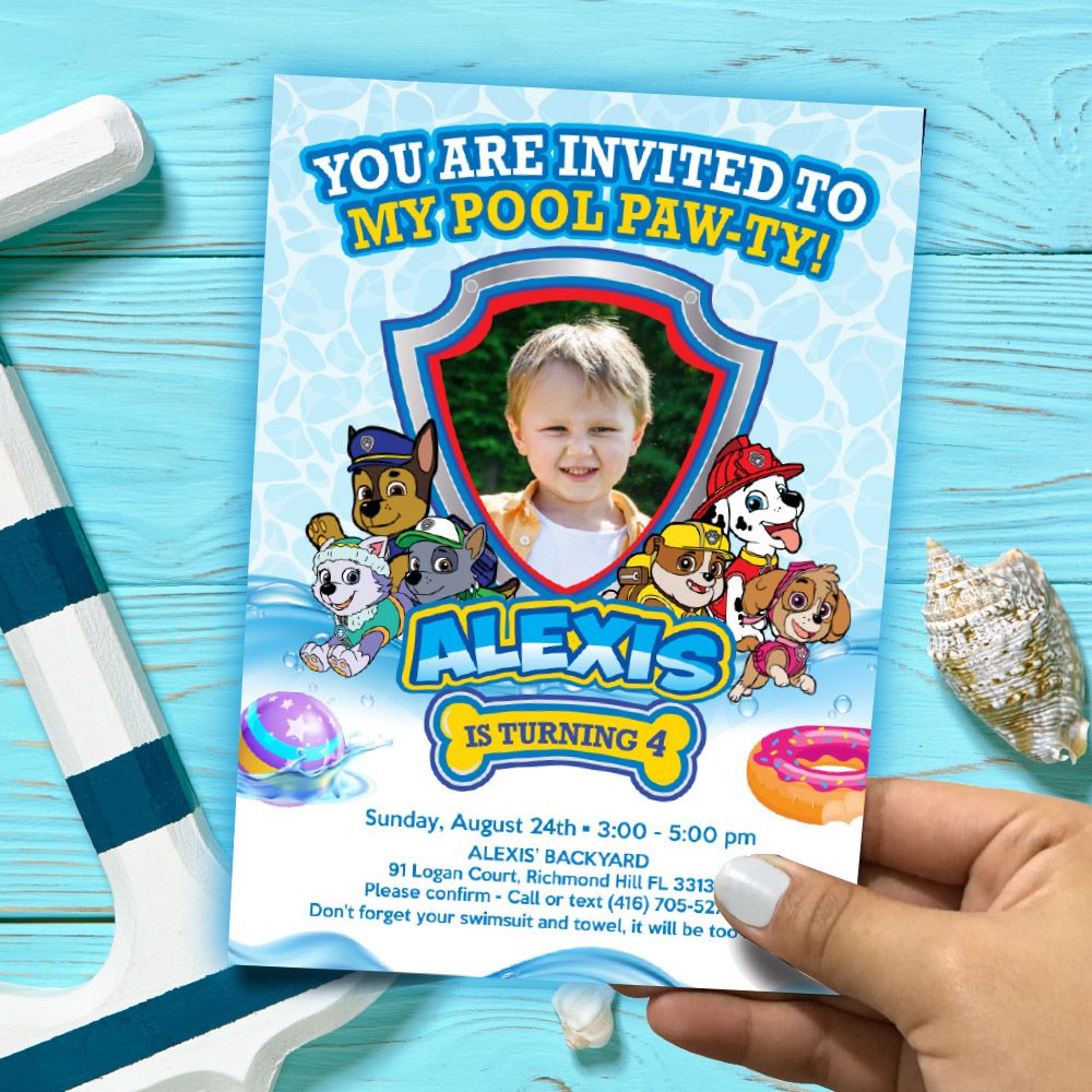Paw Patrol Pool Party Invitation with photo, Pool Party themed Paw Patrol, Paw Patrol Birthday, Paw Patrol splash, Paw Patrol online. 896
