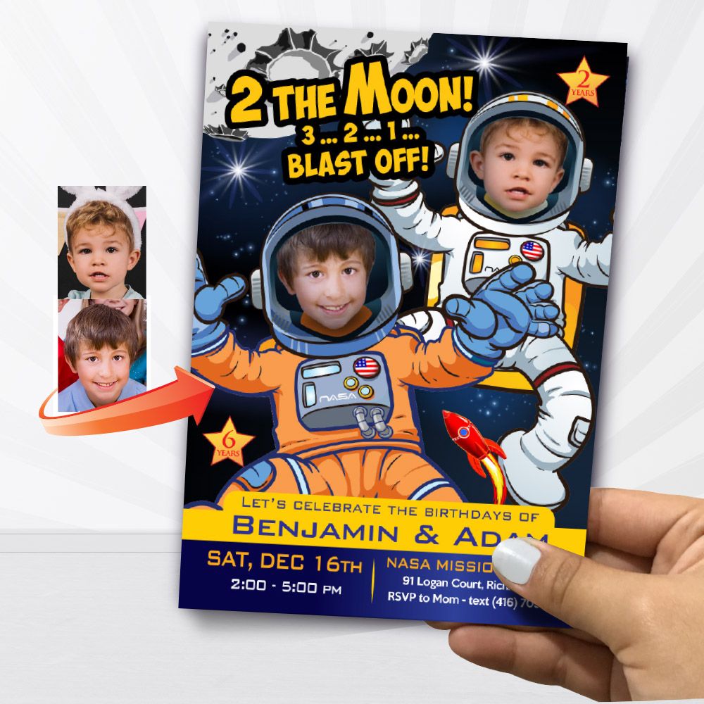 Astronauts Siblings birthday party invitation, Joint Astronauts Party Invitation with photos, Siblings Astronauts birthday template invitation. 897