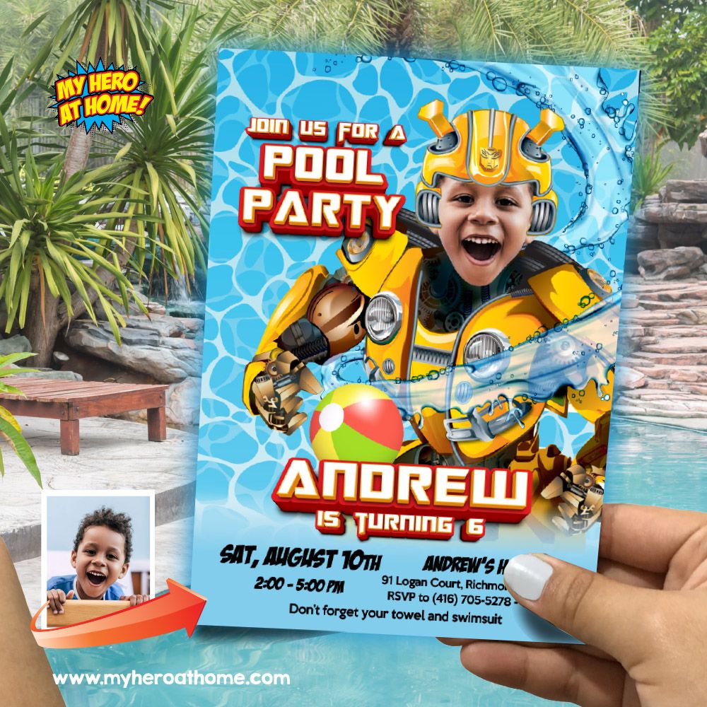 Bumblebee Pool Party Invitation with photo. Transformers Pool Party Invitation. Autobots pool party invitation. 899