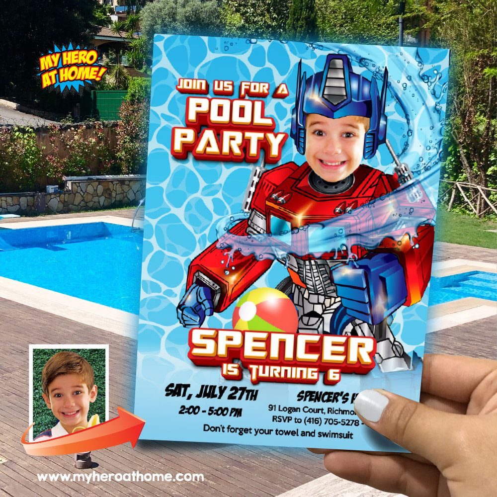 Optimus Prime Pool Party Invitation with photo. Transformers Pool Party online. Autobots pool party template. 898