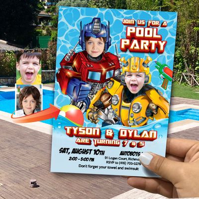 Joint Transformers Pool party invitation with photos, Transformers siblings pool party invite, Twins transformers splash party invite. 900