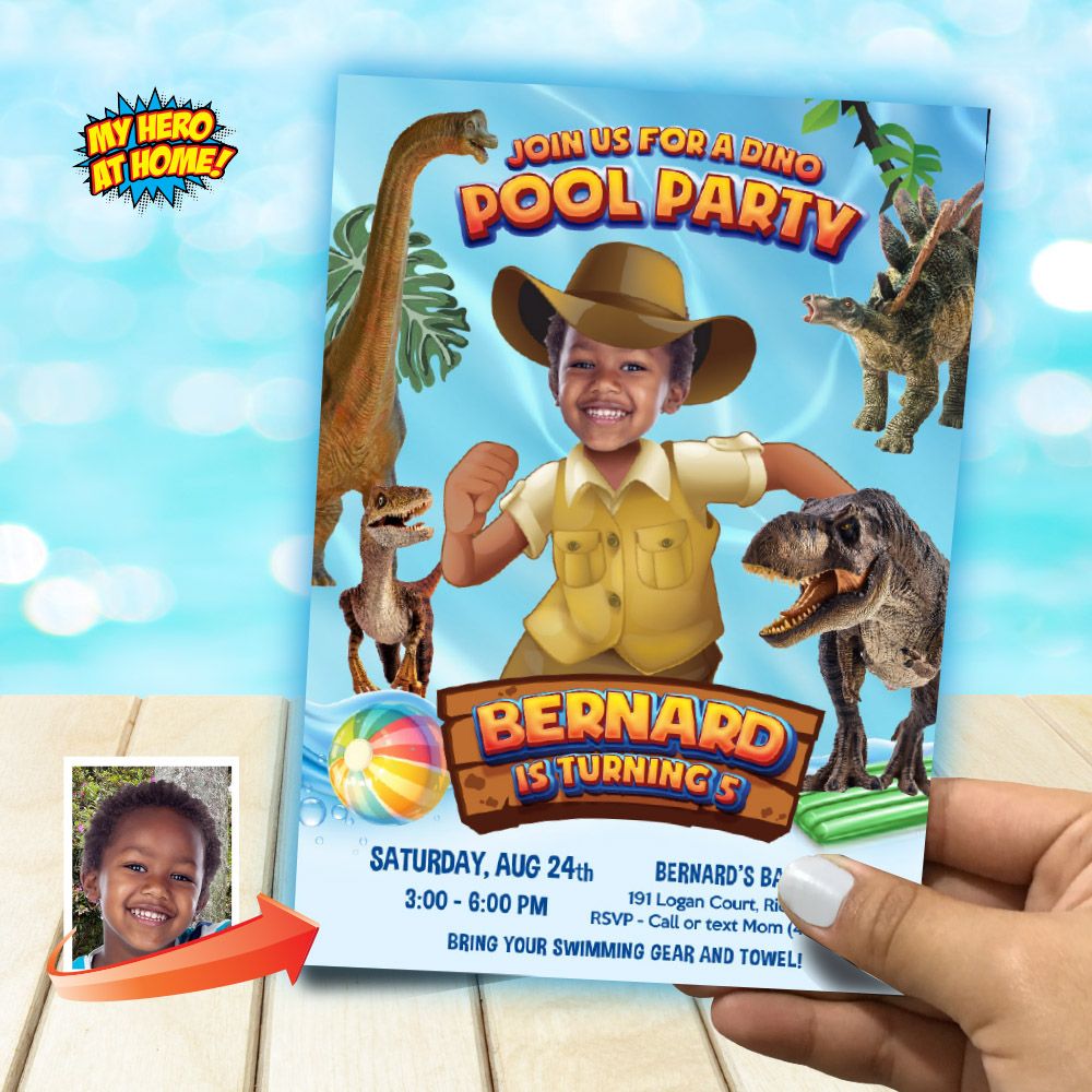 Dino Pool Party Invitation with photo, Paleontologist Pool party, Dinosaurs Splash Party, Dinosaurs theme pool party, Dinosaurs favors. 903