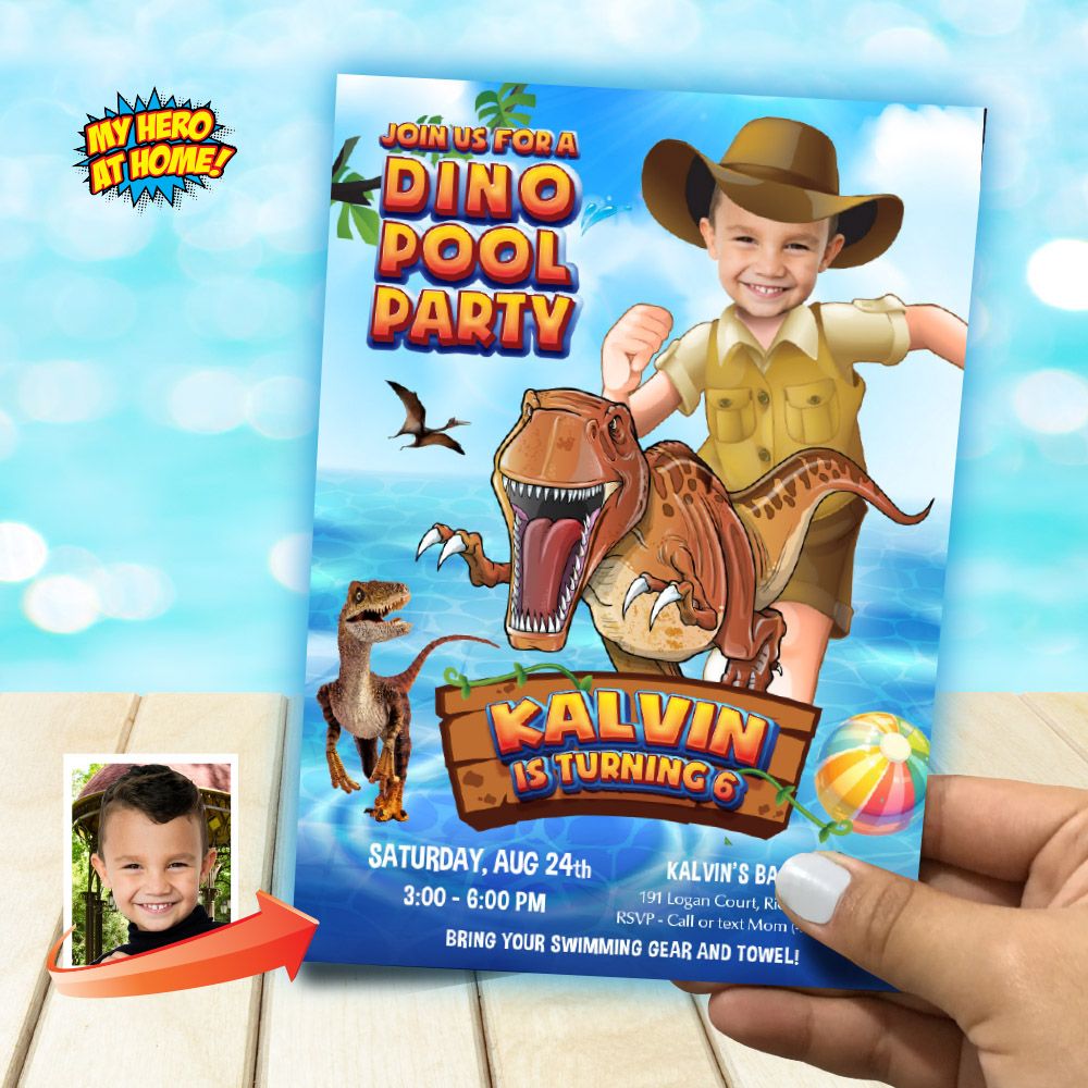 Dinosaurs Pool Party Birthday Invitation, Dino-mite Pool party template, Dino Splash Party, Dinosaurs online, Dinosaurs thank you tag. 904