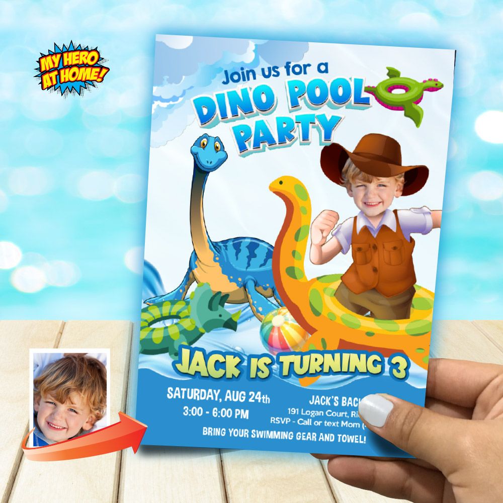 Dinosaurs Pool Party Invitation with photo, Dino-mite Pool party Birthday template, Dinosaurs online invitation, Dinosaurs flyer invite. 905