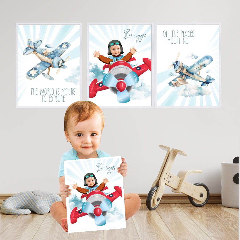 Airplane Nursery Posters with your kid as the star, Custom Airplane Nursery Prints, Airplane Decor, Set Airplanes Prints, Boy Airplanes Prints. 909