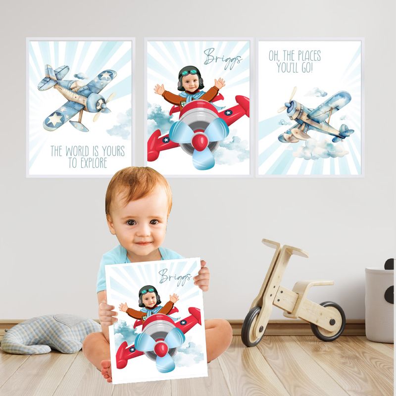 Airplane Nursery Posters with your kid as the star, Custom Airplane Nursery Prints, Airplane Decor, Set Airplanes Prints, Boy Airplanes Prints. 909