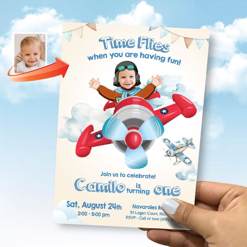 Airplane birthday Invitation with photo, Airplane 1st birthday invite, Time Flies 1st birthday Invitation, Baby Airplane thank you, Airplane party favors. 911