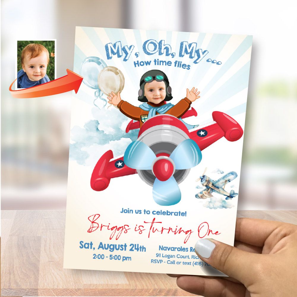 Airplane party Invitation with photo, Vintage Airplane birthday flyer, How time flies birthday Invitation, Airplane thank you, Vintage Airplane party favors. 912