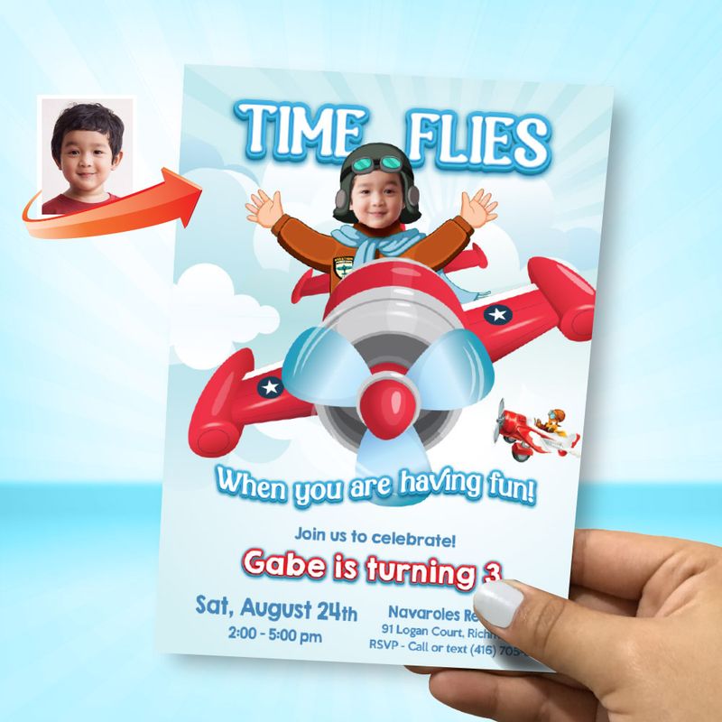 Custom Airplane Invitation with photo, Vintage Airplane template, Airplane online, Airplane flyer invite, Airplane party decor. 913