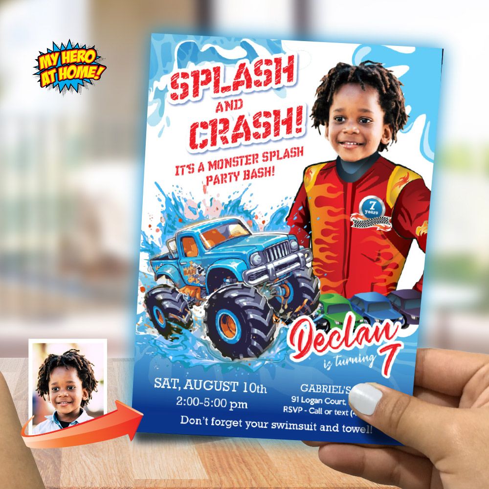 Monster Truck Splash Party Invitation with photo, Splash and Crash party invitation, Monster Splash Party, Monster Splash birthday. 914