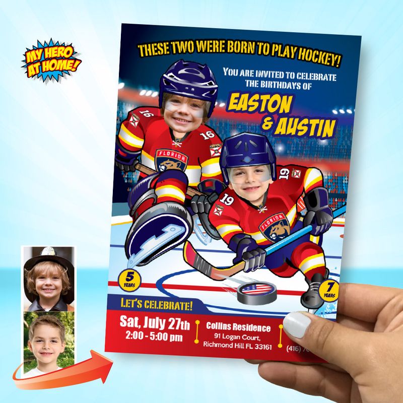 Florida Panthers Siblings Birthday Invitation, Joint Florida Panthers Party, Hockey Siblings Party, Joint Hockey Party Invitation. 339