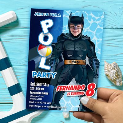 Batman Pool Party template, Batman Water slide party, Batman Splash Party, Batman Invitation with photo. 691