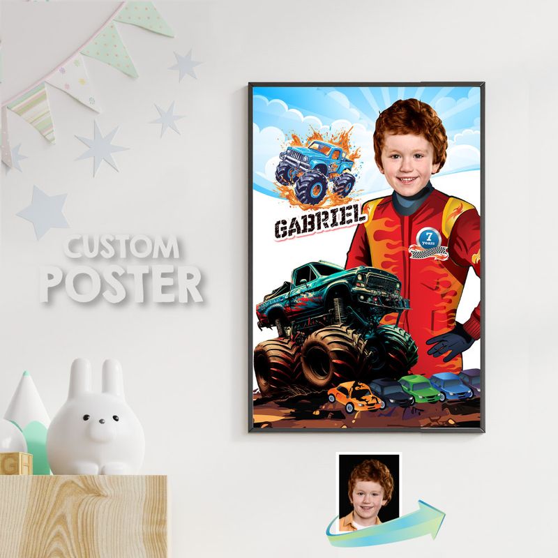 Monster Truck Poster with photo, Custom Monster Truck Gifts, Monster Truck Smash Crash wall, Monster Truck backdrop, Monster Wall. 916C
