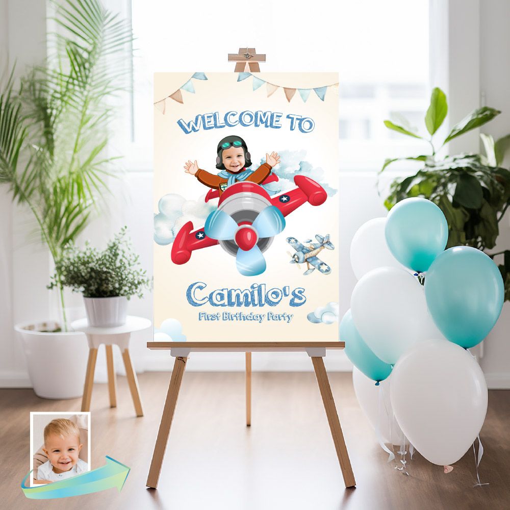 Airplane Welcome sign with photo, Airplane vintage welcome sign, Airplane Birthday Sign, Airplane Party Entrance Sign. 917