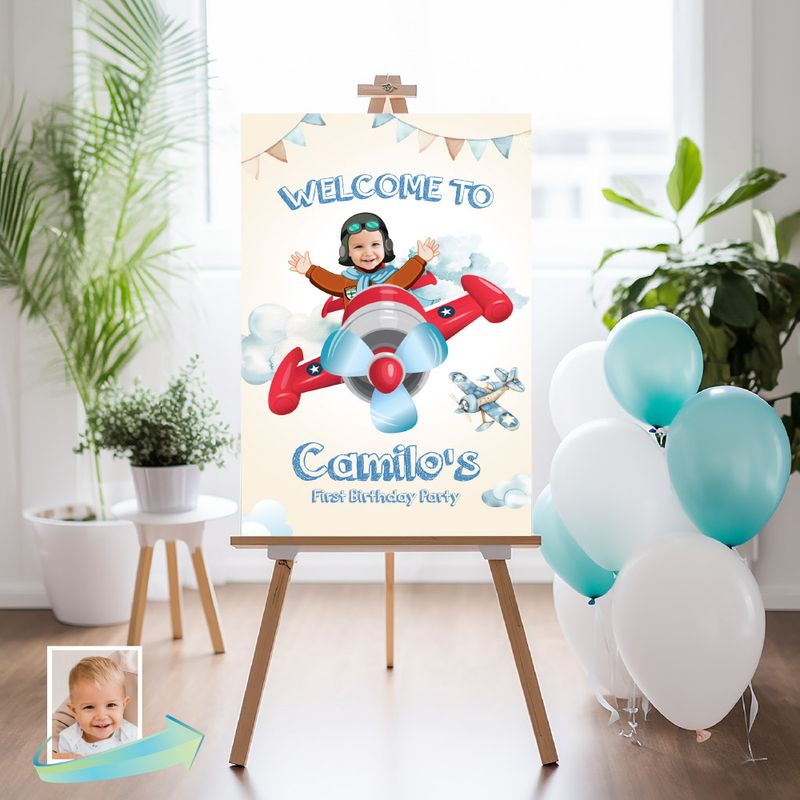 Airplane Welcome sign with photo, Airplane vintage welcome sign, Airplane Birthday Sign, Airplane Party Entrance Sign. 917