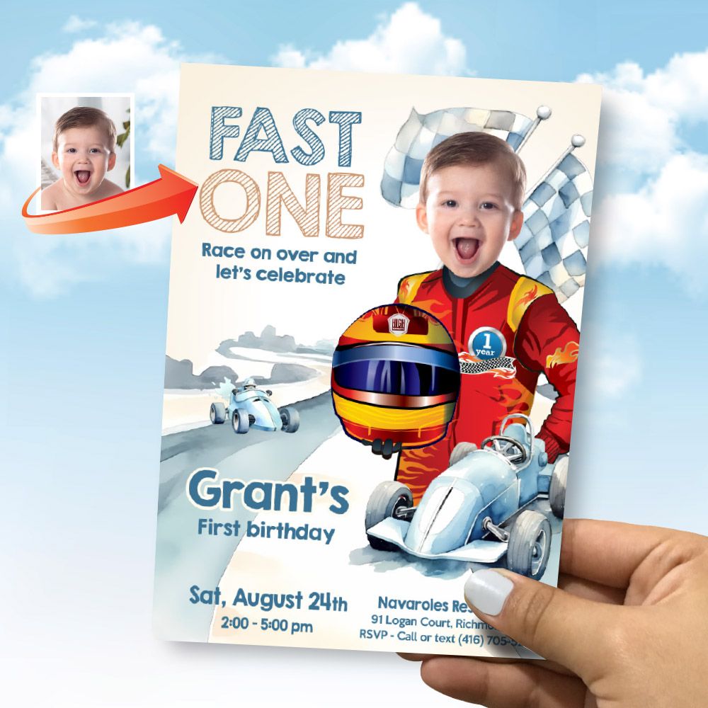 Race Car 1st Birthday Invitation with photo, Baby Race Car party invitation, Fast one template, Race Car Theme 1st party, Racecar 1st. 923