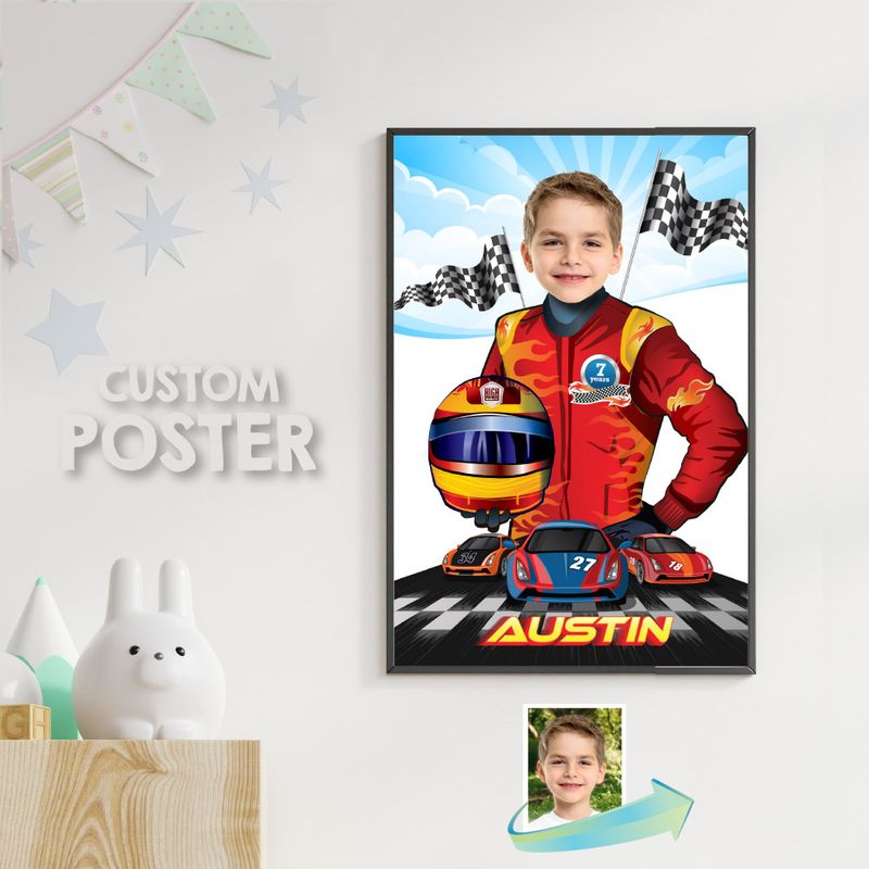 Custom Race Car Poster with photo, Printable Race Car Gifts, Race Car bedroom decor, Custom Racing print with photo, Racing bedroom. 926PG