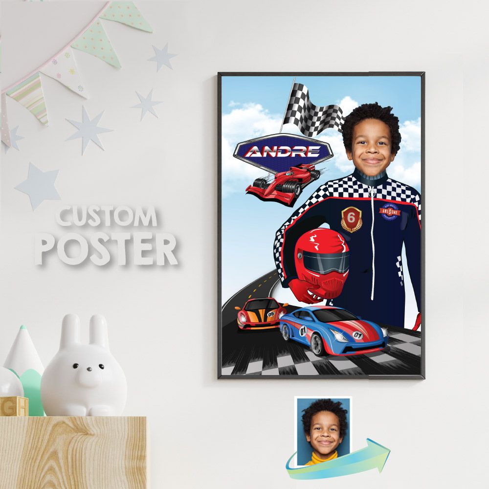 Personalized Race Car Print with photo, Printable Race Car Gift, Race Car wall decor, Racing poster with photo, Racing birthday banner. 925