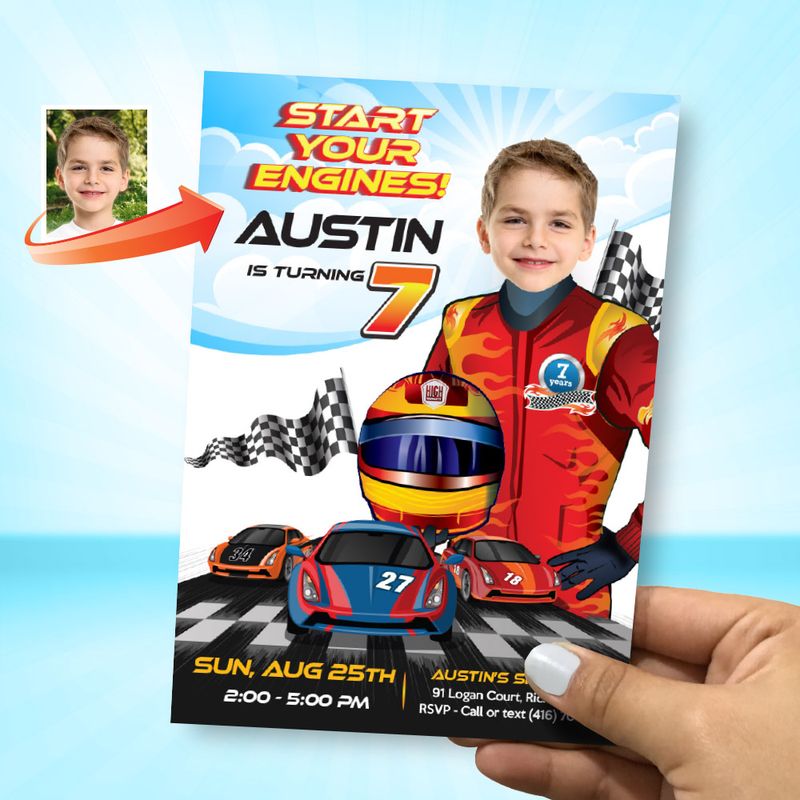 Race Car Birthday Invitation with photo, Race Car flyer invitation, Racing party template, Start your engines party, Race Car thank you tags. 926