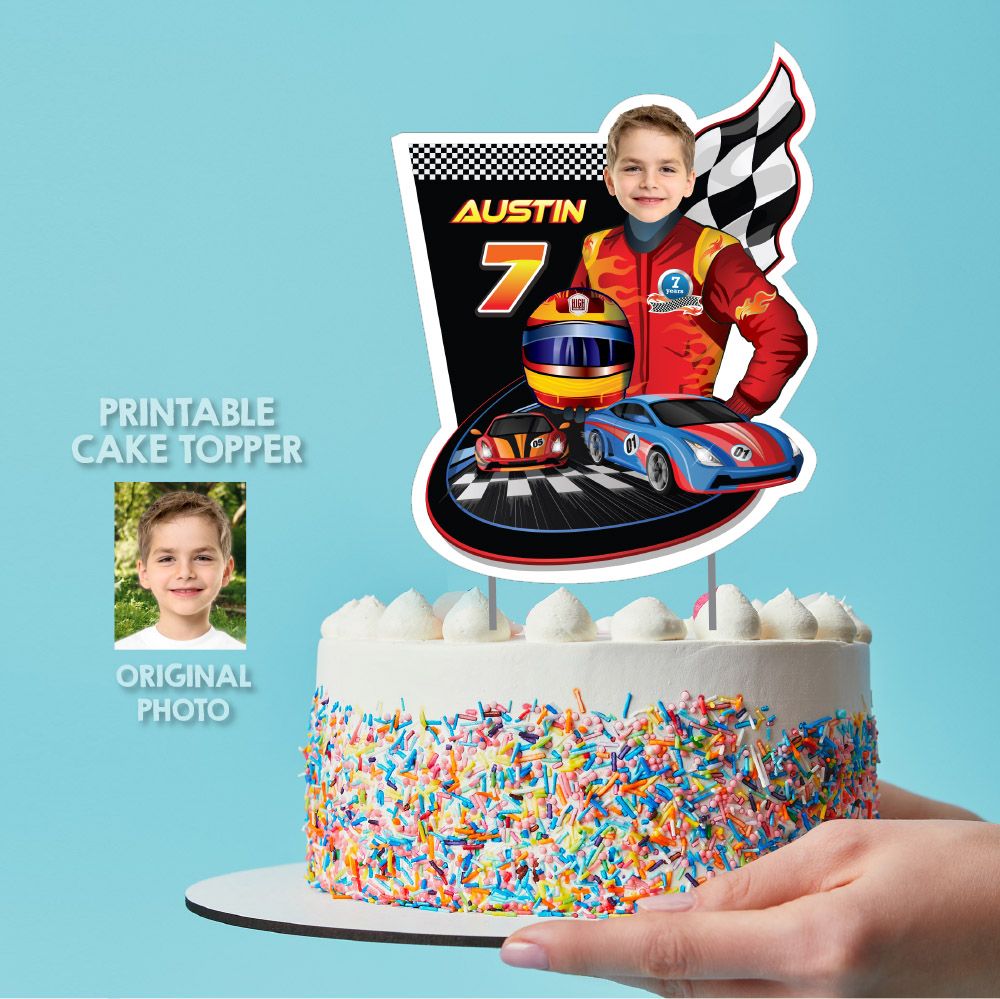 Custom Race Car Cake topper with photo, Race Car Cake decoration, Racecar cake ideas, Race Car DIY cake decor, Cake theme Racing Car. 926CT