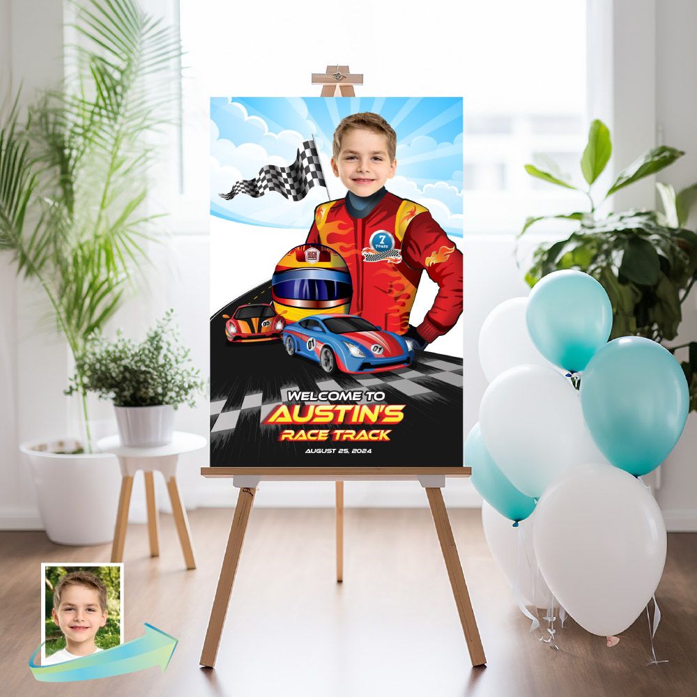 Race Car Welcome sign with photo, Race Car welcome party, Race Car Birthday Sign, Race Car Party Entrance Sign, Race Track Welcome sign. 926WS