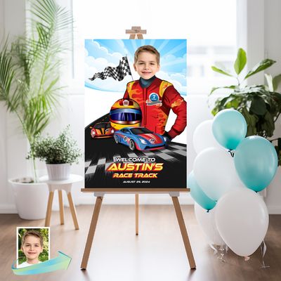Race Car Welcome sign with photo, Race Car welcome party, Race Car Birthday Sign, Race Car Party Entrance Sign, Race Track Welcome sign. 926WS