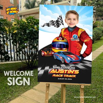 Race Car Welcome sign with photo, Race Car welcome party, Race Car Birthday Sign, Race Car Party Entrance Sign, Race Track Welcome sign. 926WS