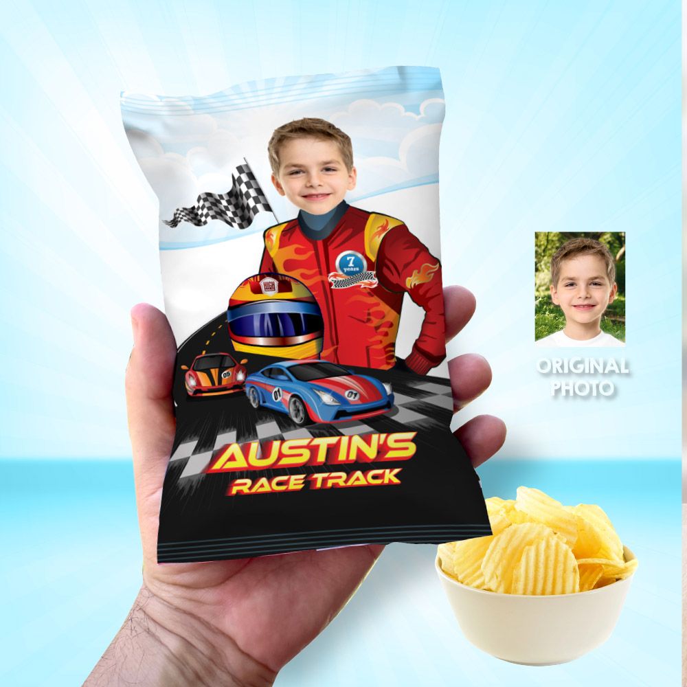 Race Car Chip Bag Wrapper with photo, Custom Race Car Chip Bag, Custom Race Car theme party, Personalized Race Car chip bags party favors. 926CB