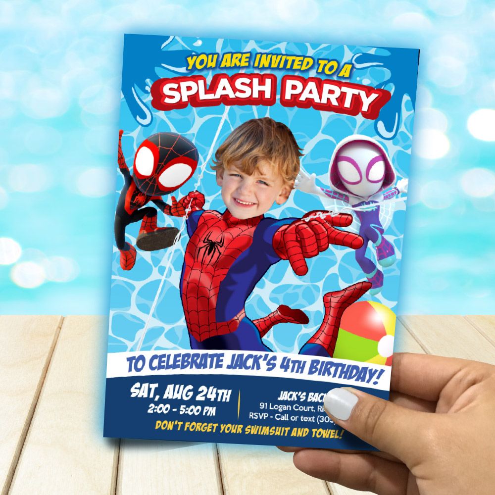 Spidey Splash Party Invitation with photo, Spidey and his amazing friends Splash party template, Spiderman Splash party invitation. 931