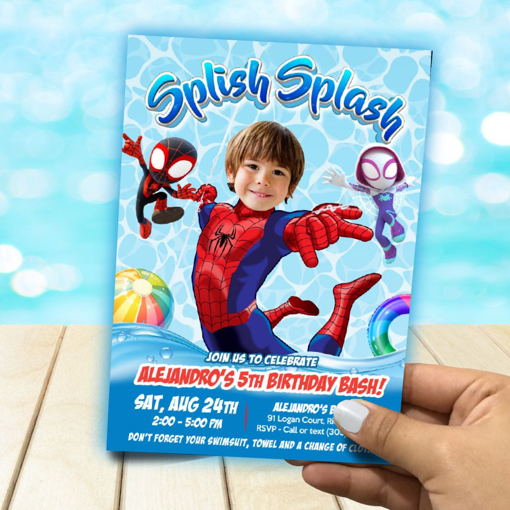 Spidey Splish Splash Party Invitation with photo, Spidey and his amazing friends Splish Splash template, Spiderman Splish Splash party. 932