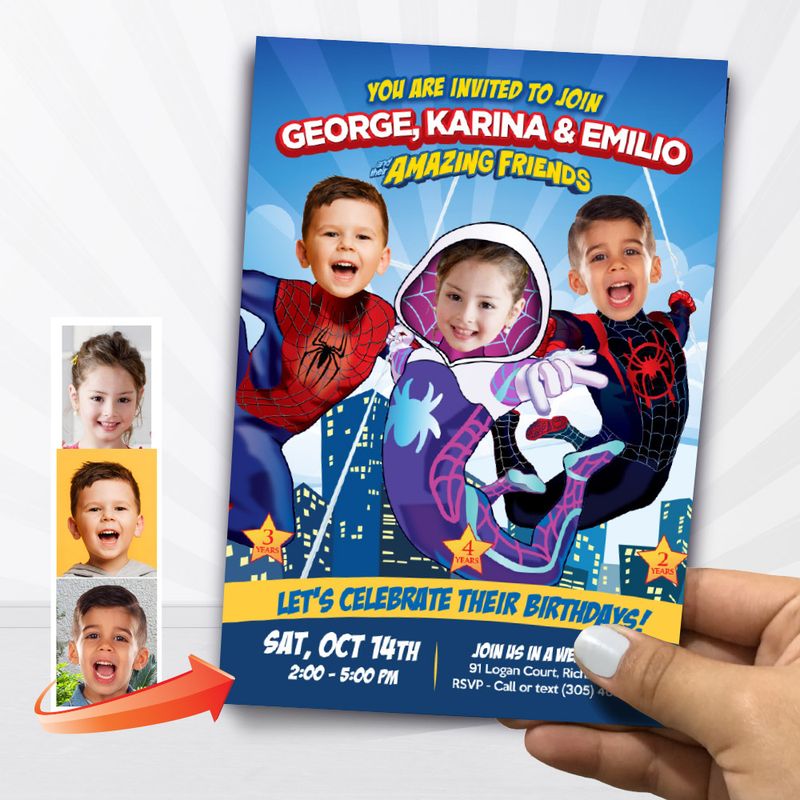 Spider-Man 3 Siblings Invitation, Spidey Trio birthday invitation, Joint 3 Spiderman party invitation, Joint Spidey 3 kids party template. 933