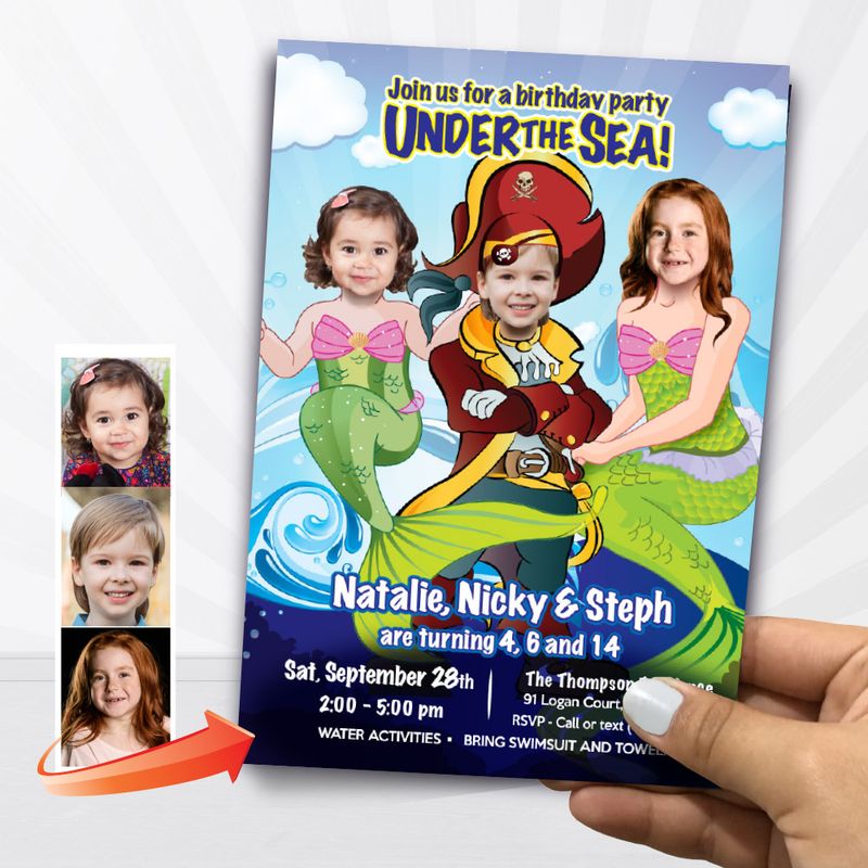 Under the Sea 3 Siblings Invitation, Pirate and Mermaids Trio birthday invite, Triplets Under the sea party invitation, Joint Mermaids and Pirate party template. 935