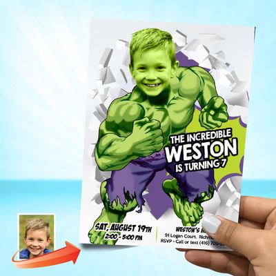 Hulk birthday party Invitation, Hulk Invitation with photo, Personalized Hulk template, Hulk party invitation, Hulk thank you with photo. 683C