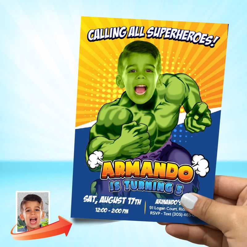 Hulk Birthday party Invitation with photo, Hulk party template, Hulk Digital invitation, Hulk Thank You, Hulk Invitation template. 807C