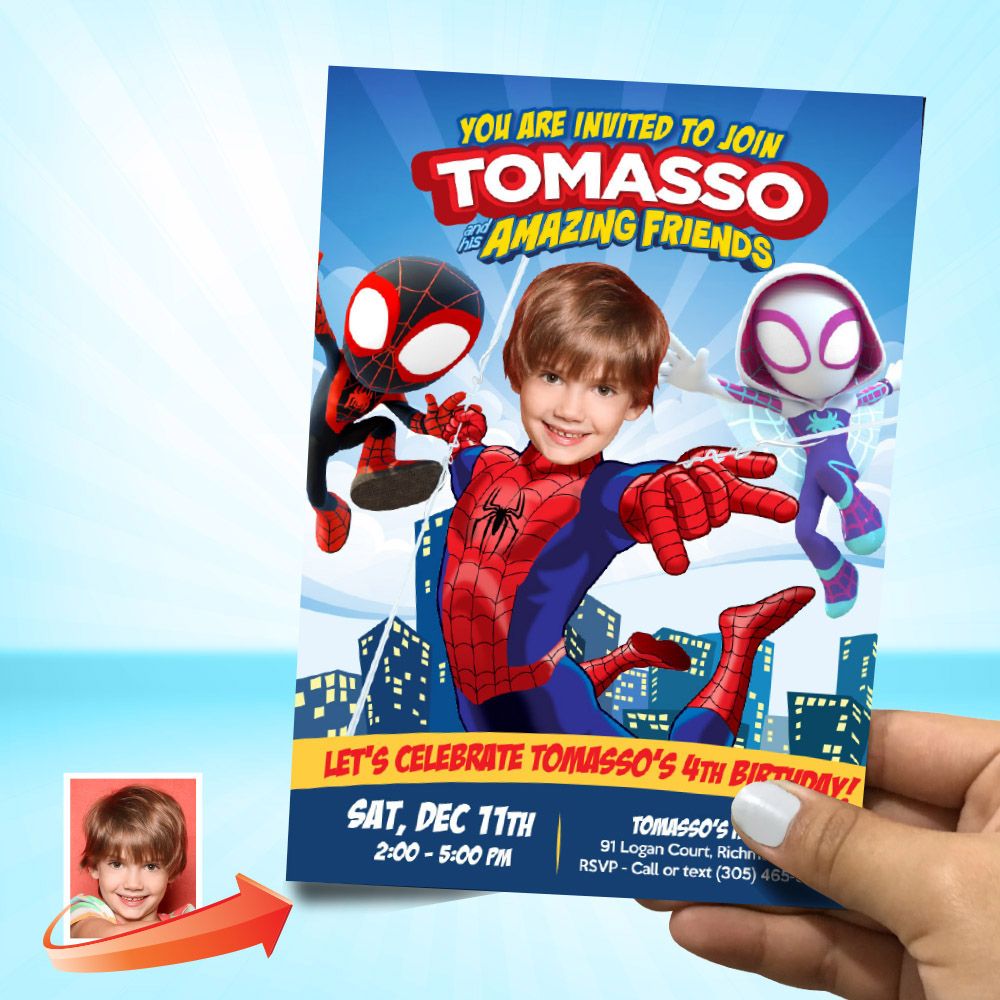 Spidey and his amazing friends birthday party Invitation with photo, Spidey Invitation, Amazing friends party Invitation template. 740C