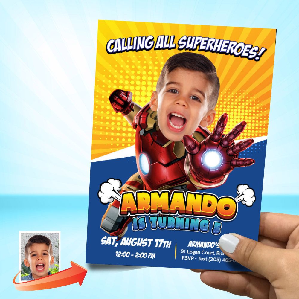 Iron Man Birthday party Invitation with photo, Iron man party template, Iron Man Digital, Iron man Thank You, Iron man favor tags. 802C