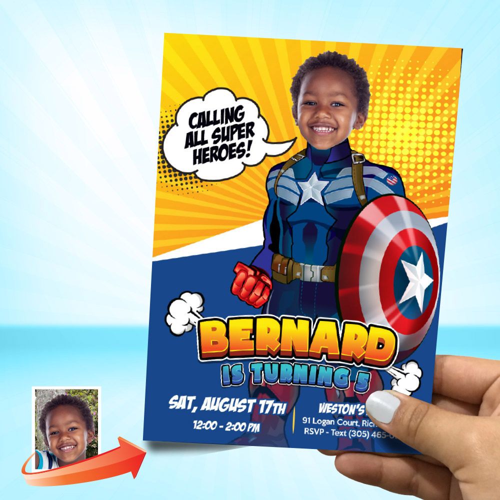 Captain America Birthday party Invitation with photo, Captain America party template, Captain America Digital, Capt America Thank You. 804C