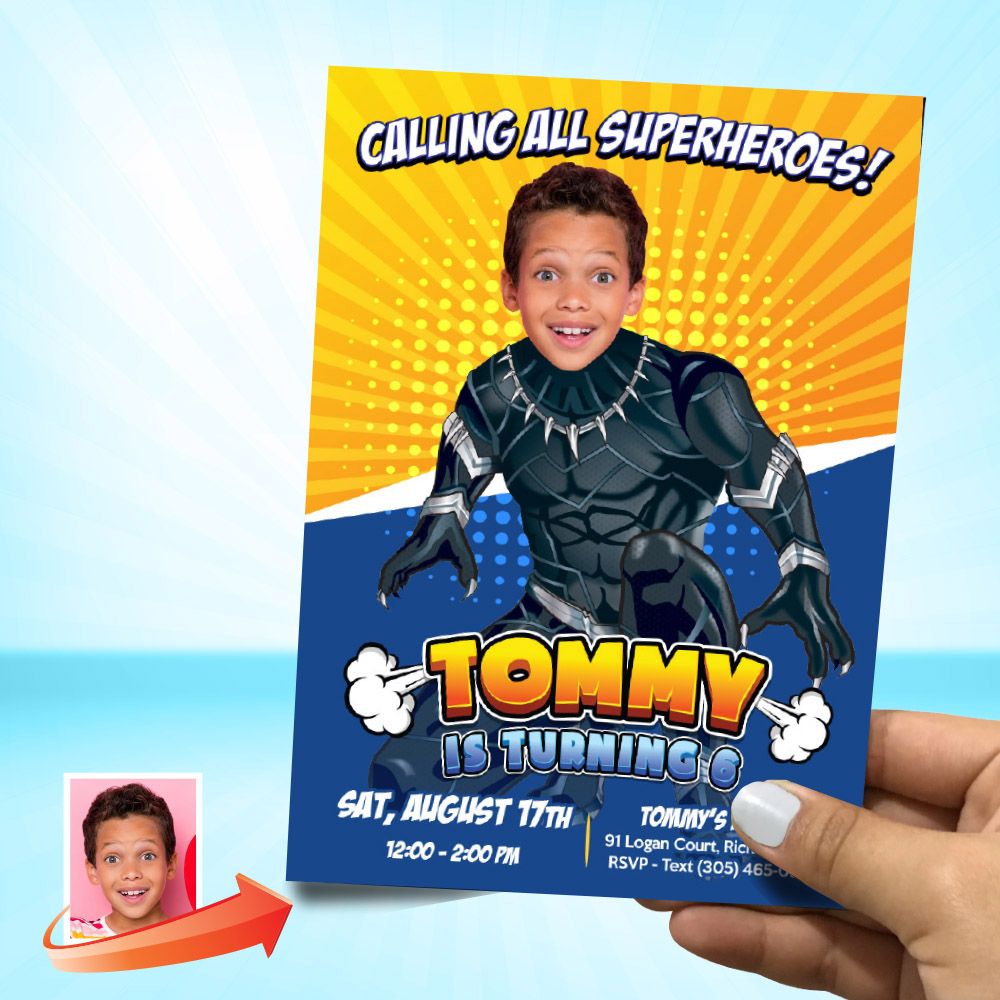 Black Panther Birthday party Invitation with photo, Black Panther party template, Black Panther Digital, Black Panther Thank You. 805C