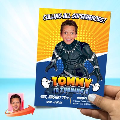 Black Panther Birthday party Invitation with photo, Black Panther party template, Black Panther Digital, Black Panther Thank You. 805C