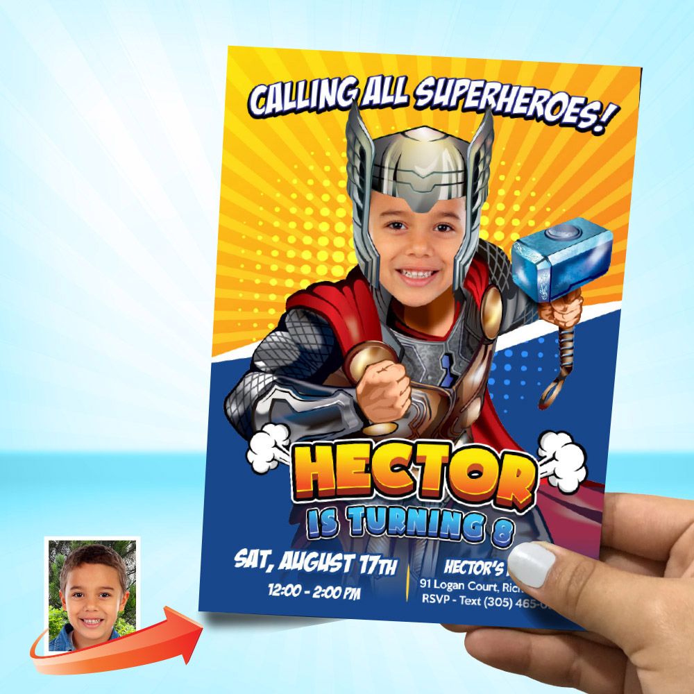 Thor Birthday party Invitation with photo, Thor party template, Thor Digital invitation, Thor Thank You, Thor Invitation template. 806C