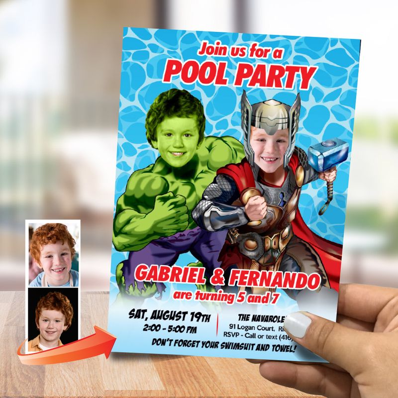 Thor and Hulk Pool Party Invitation, Hulk and Thor Splash Party Invitation, Joint Hulk &amp; Thor Birthday template, Pool Party Thor Hulk. 937