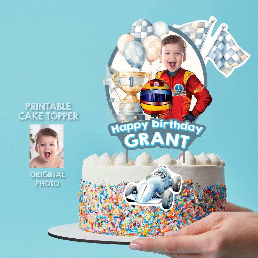Baby Race Car Cake topper with photo, Vintage Race Car cake printable decor, Baby Race Car 1st birthday cake, Printable Race car cake. 936