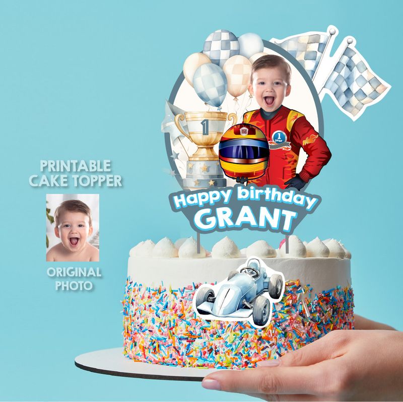 Baby Race Car Cake topper with photo, Vintage Race Car cake printable decor, Baby Race Car 1st birthday cake, Printable Race car cake. 936