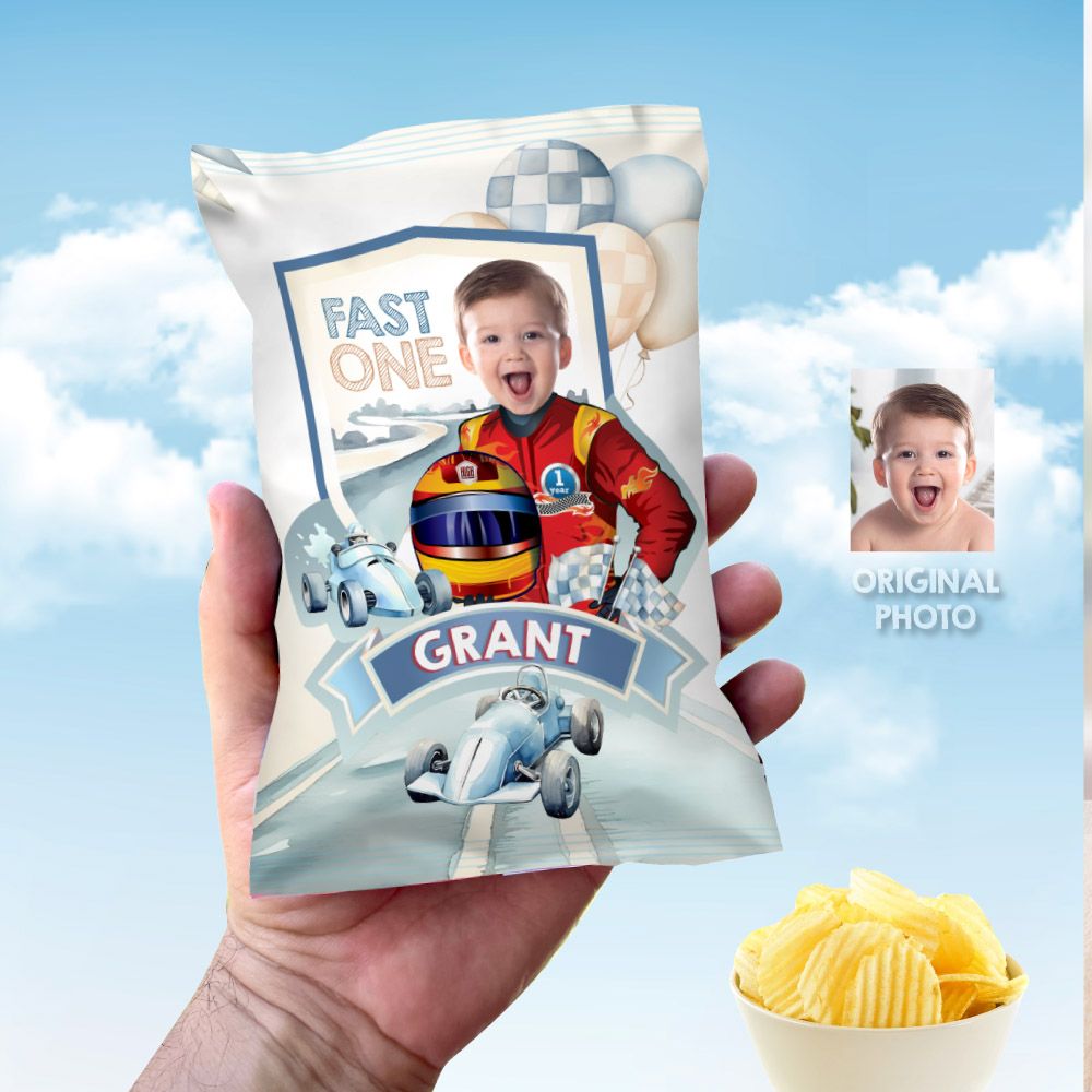 Baby Race Car Chip Bag Wrapper with photo, Vintage Race Car Chip Bag, Race car party decor, Personalized Race Car chip bags party favors. 940