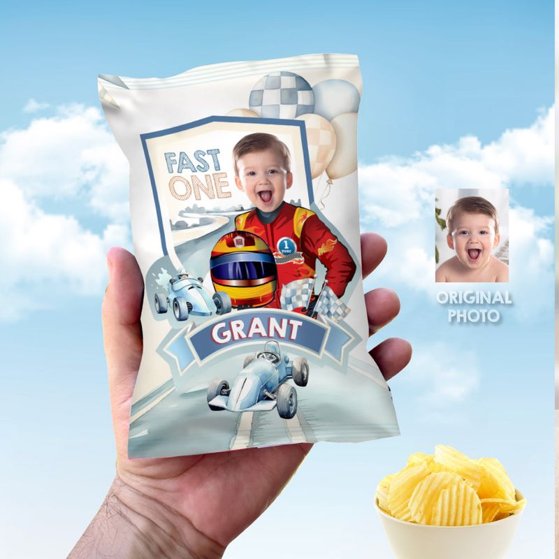 Baby Race Car Chip Bag Wrapper with photo, Vintage Race Car Chip Bag, Race car party decor, Personalized Race Car chip bags party favors. 940