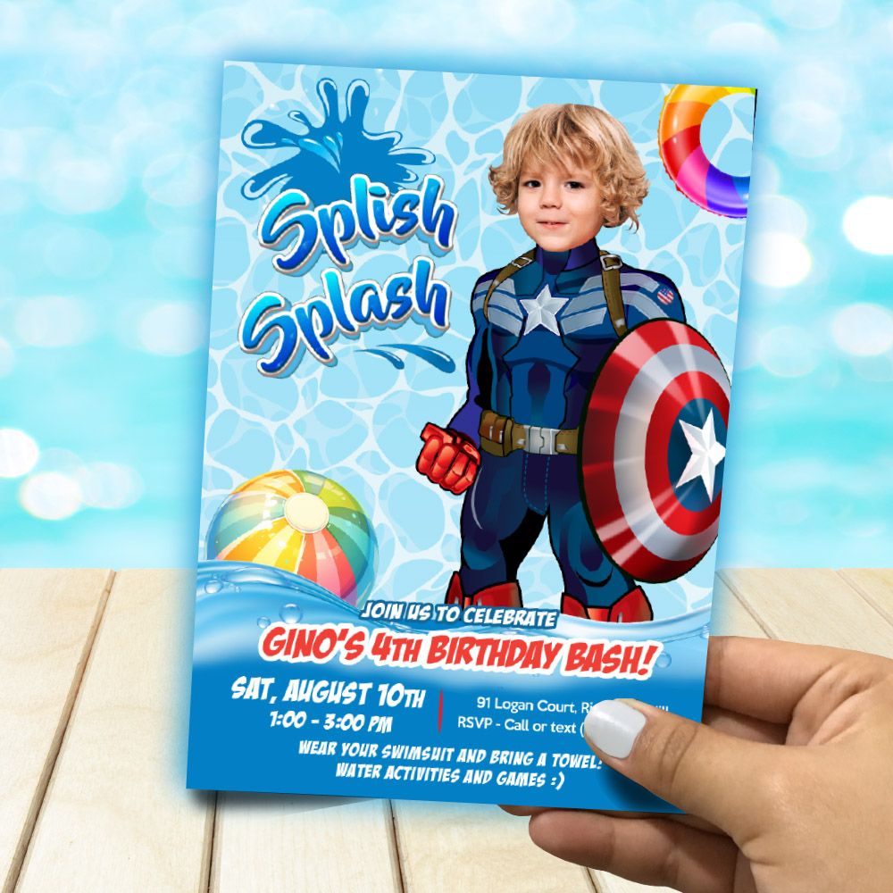 Captain America Splish Splash party Invitation with photo, Capt America Water slide Party, Capt America water party Invitation template. 942