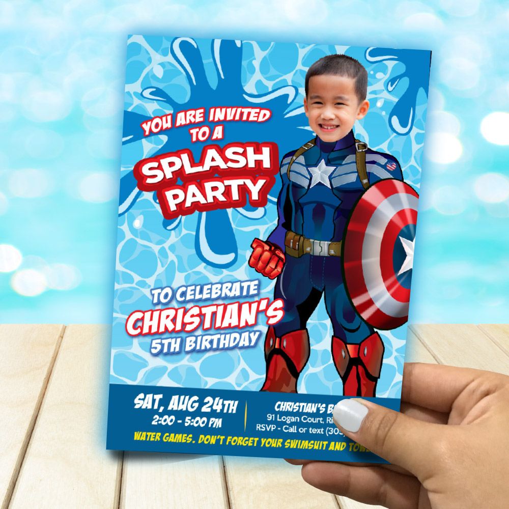 Captain America Splash party Invitation with photo, Captain America Water slide birthday, Capt America Splash party flyer. 943, Choose your order: Invitation Only